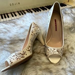 Prada sport ivory laser cut peep toe heels size 37